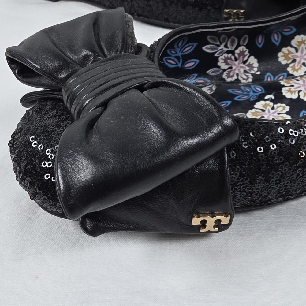 Tory Burch Black Sequin Divine Bow Ballerina Flats Leather Driver Womens Size 9 - Picture 7 of 10